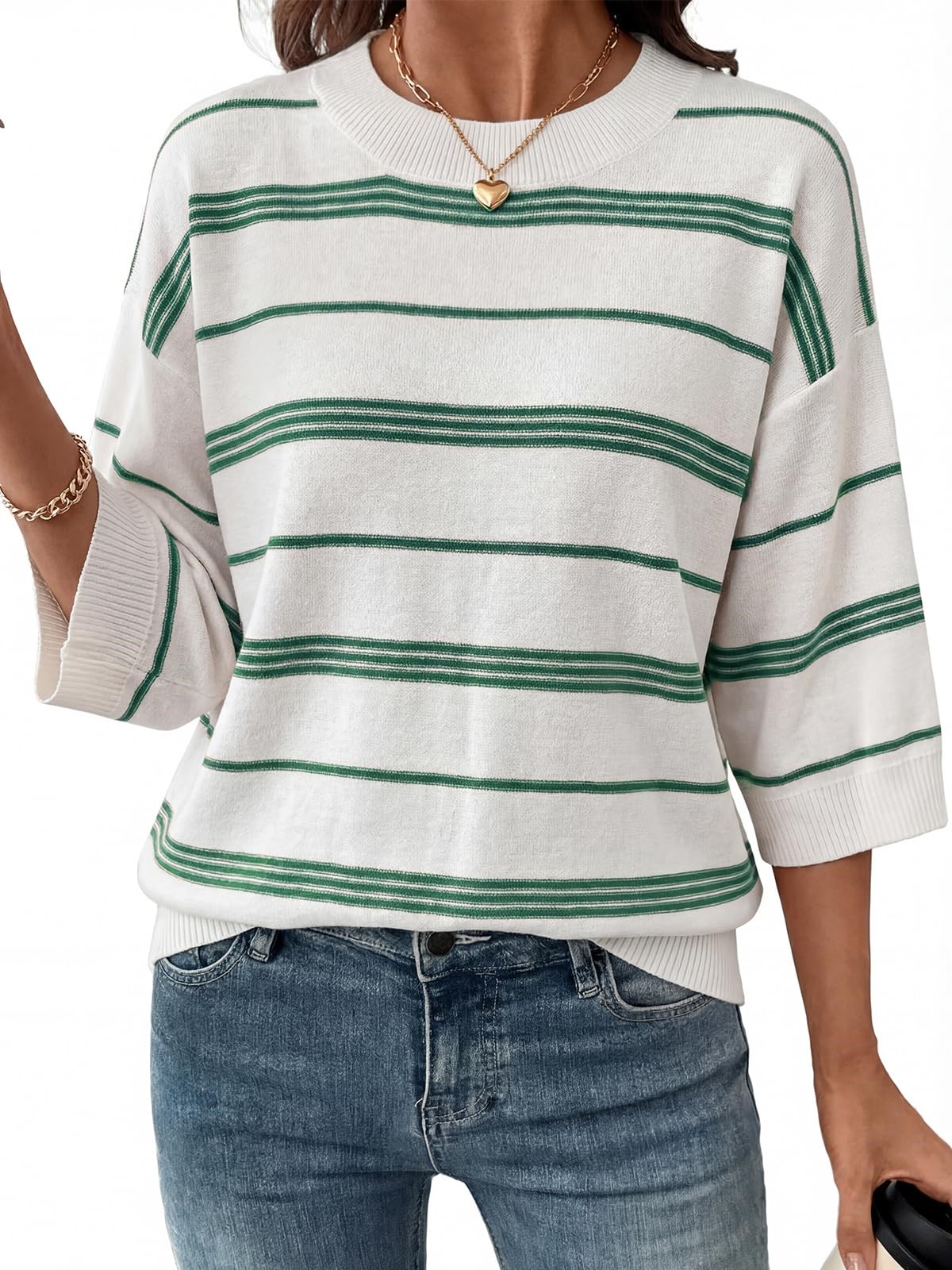 Women's Oversized 3/4 Sleeve Striped Lightweight Knit Sweater Tops