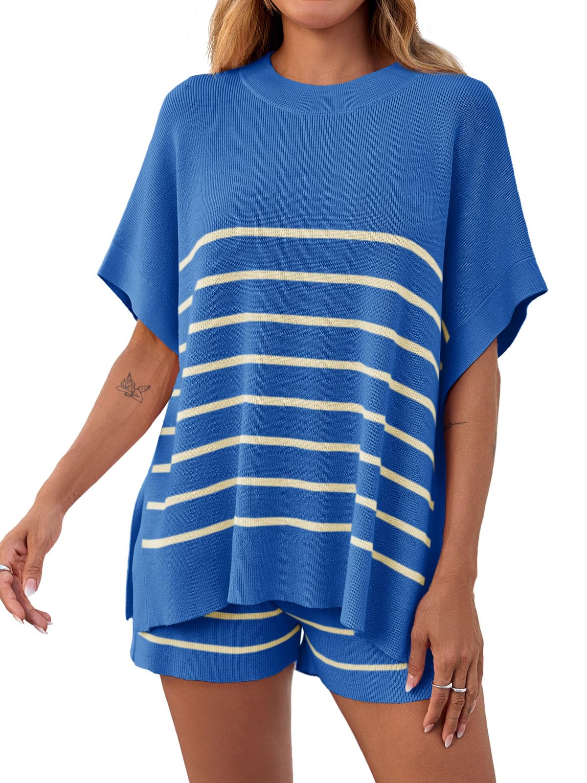 Women's Striped 2 Piece Outfits Oversized Batwing Short Sleeve Tops High Waisted Shorts(40% OFF!!!)