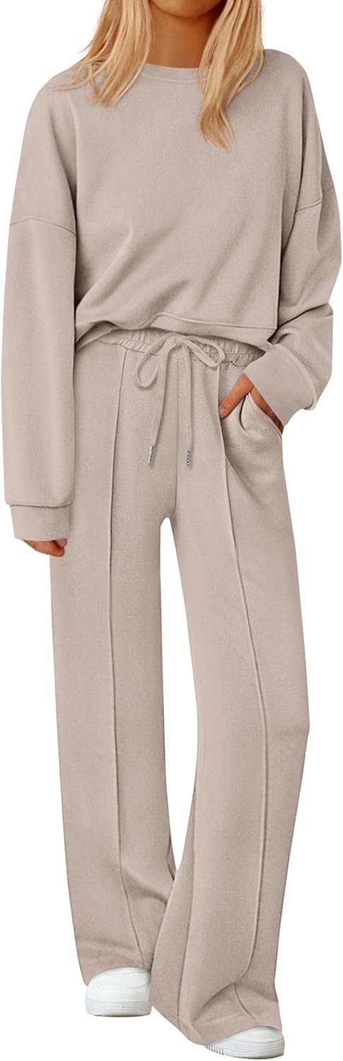 Womens Trendy Long Sleeve Sweatshirt Wide Leg Pants Loungewear Set