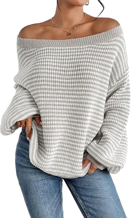 Women's Striped Off Shoulder Casual Oversized Knitted Sweater Pullovers