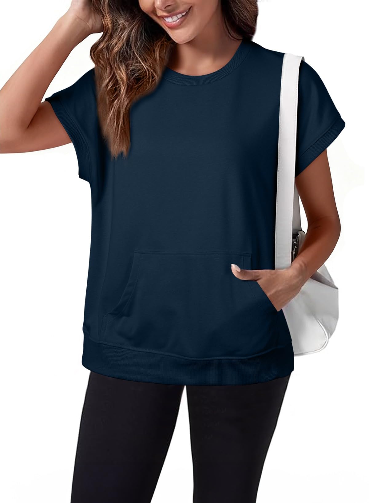 Women's Casual Round Neck Loose Fit Top with Kangaroo Pocket