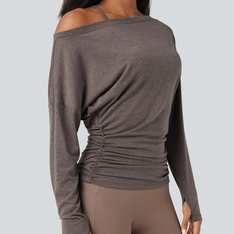 One Shoulder Long Sleeve Thumb Hole Ruched Yoga Sports Top(buy 3 free shipping)