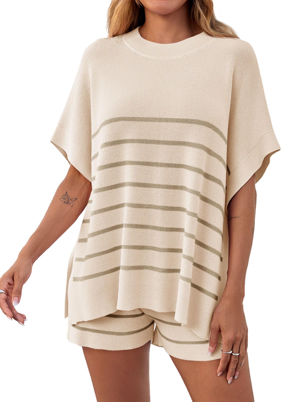 Women's Striped 2 Piece Outfits Oversized Batwing Short Sleeve Tops High Waisted Shorts(40% OFF!!!)
