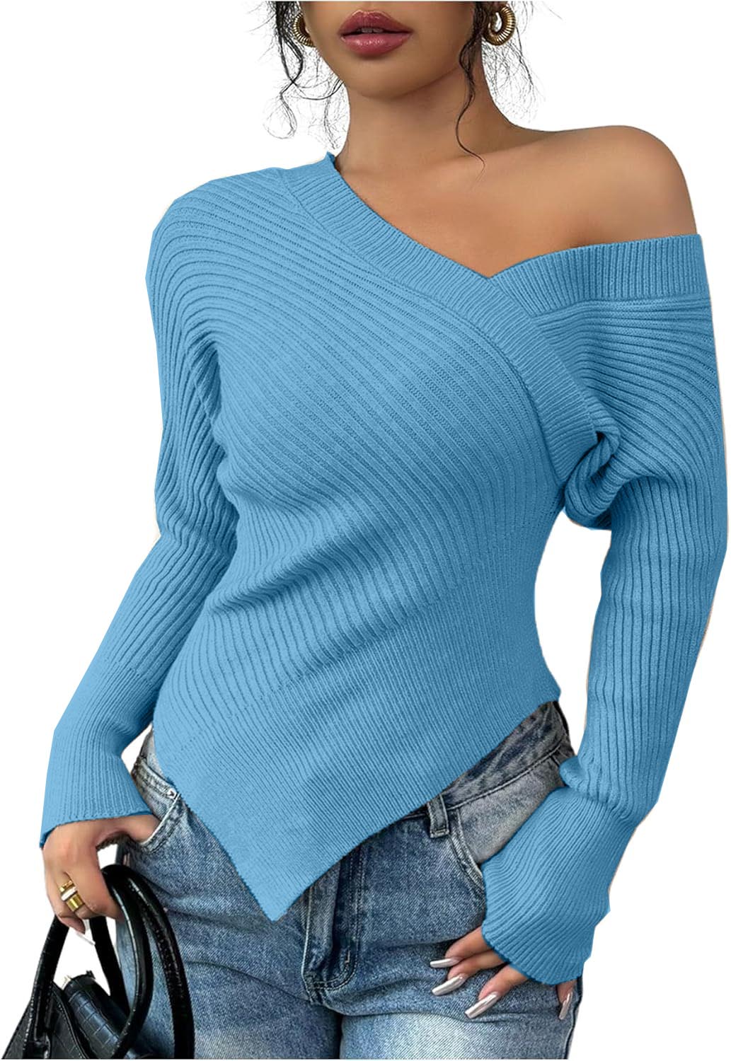 Women's Off Shoulder Ribbed Knit Wrap Asymmetrical Sweater(buy 2 free shipping)