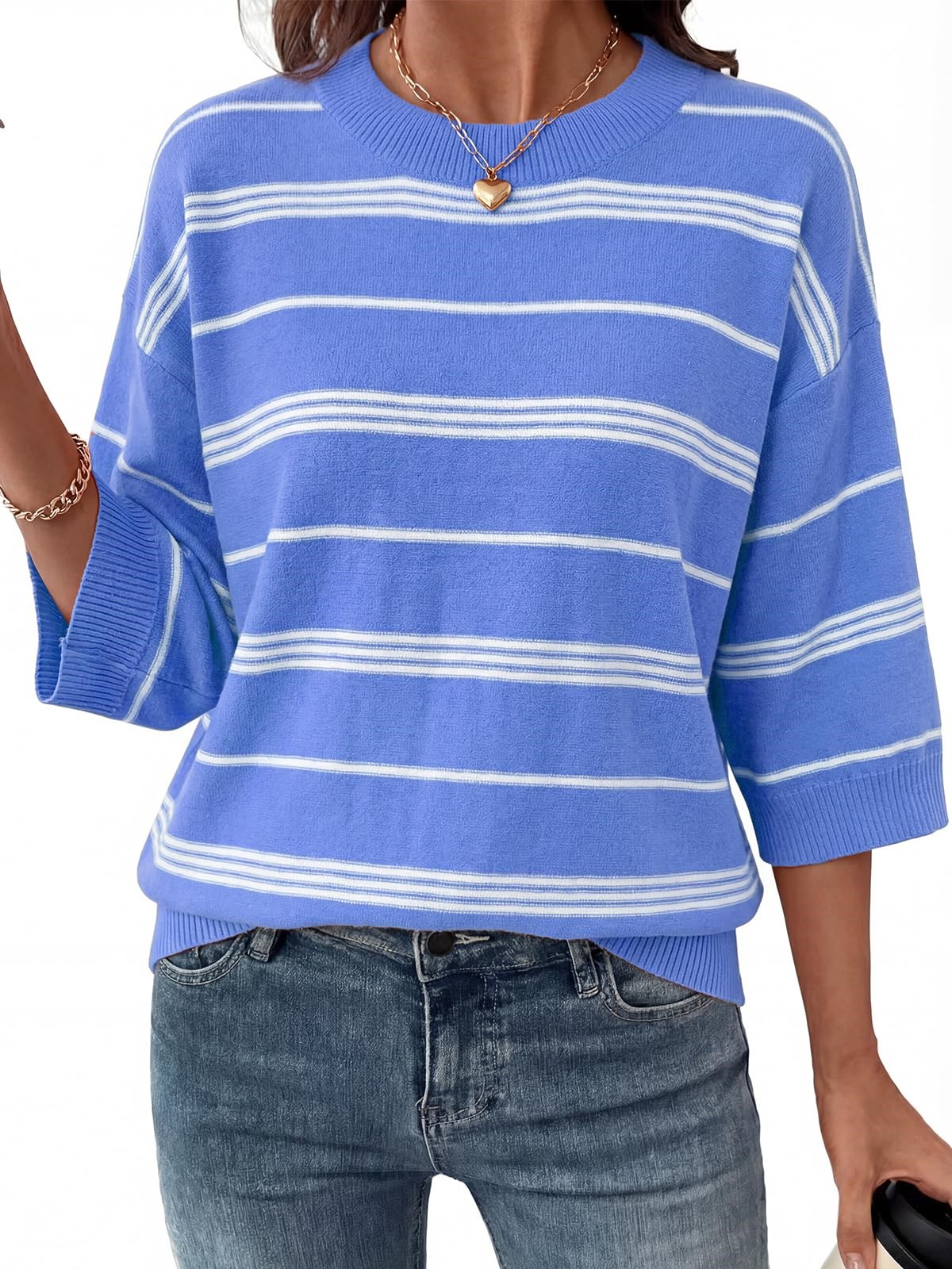 Women's Oversized 3/4 Sleeve Striped Lightweight Knit Sweater Tops