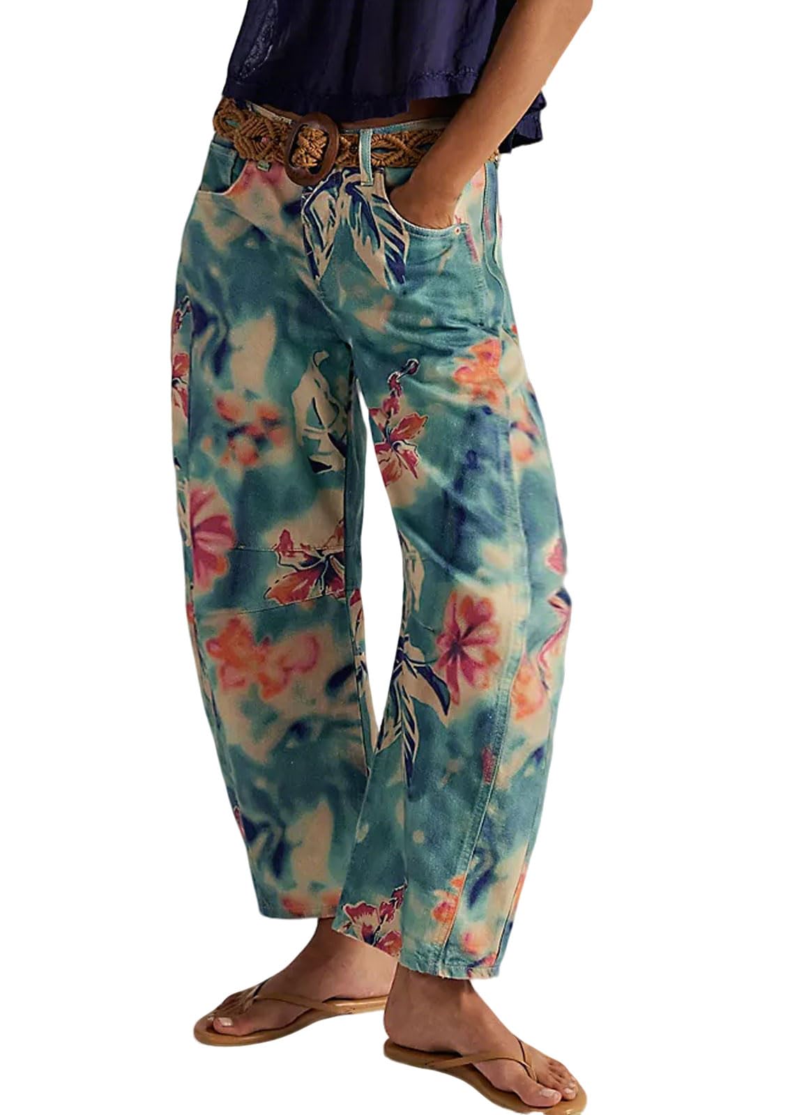 Women Boyfriend Baggy Barrel Jeans Floral Print Denim Ankle Pants Wide Leg Mid Rise Jeans