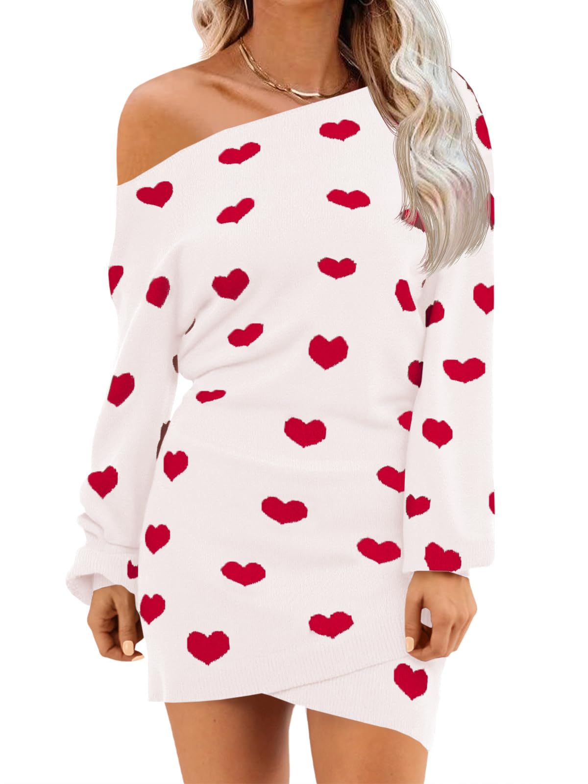 Women's Heart Print Off The Shoulder Sweater Dress(40% OFF!!!)