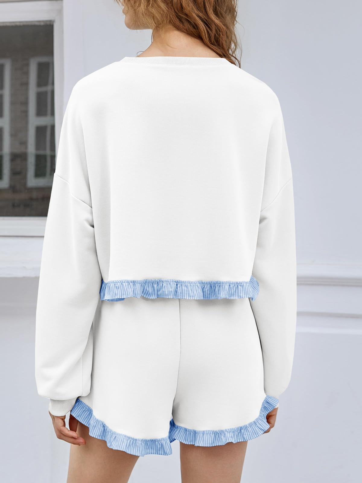 Women's 2 Piece Lounge Sets Color Block Ruffle Cropped Sweatshirts Loose Drawstring Waist Shorts