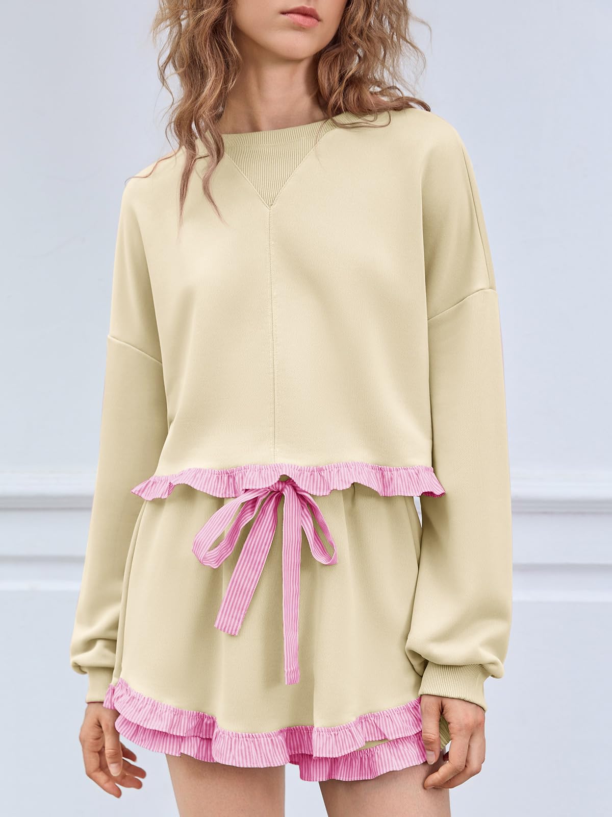 Women's 2 Piece Lounge Sets Color Block Ruffle Cropped Sweatshirts Loose Drawstring Waist Shorts