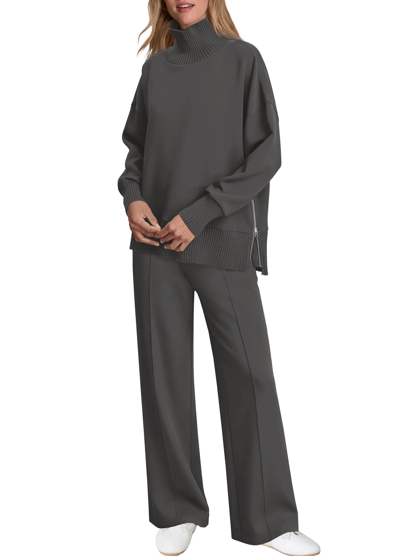 Womens Mockneck Sweatshirt Wide Leg Pants Sweat Sets