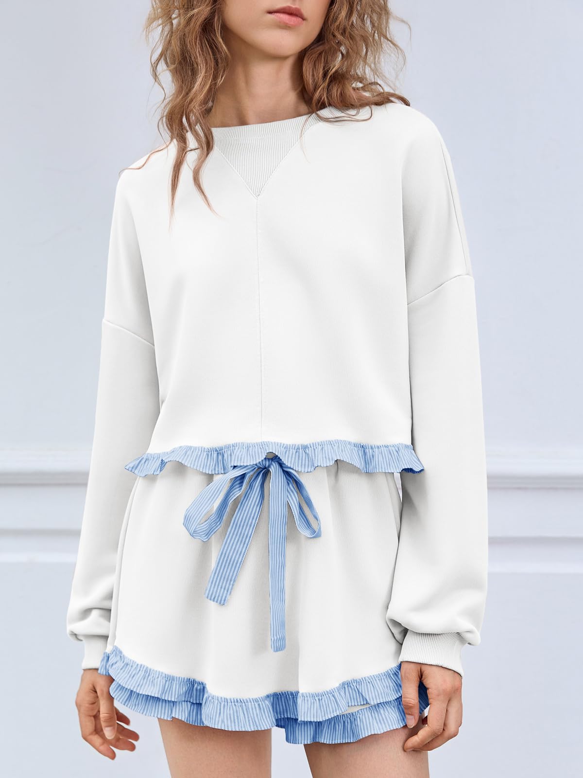 Women's 2 Piece Lounge Sets Color Block Ruffle Cropped Sweatshirts Loose Drawstring Waist Shorts