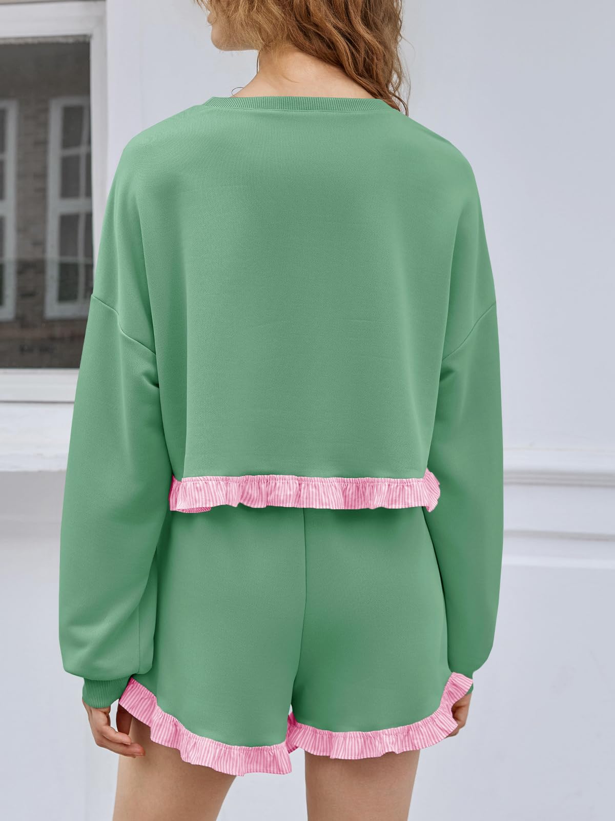 Women's 2 Piece Lounge Sets Color Block Ruffle Cropped Sweatshirts Loose Drawstring Waist Shorts