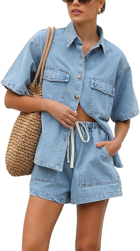 Women's Summer Denim Short Sleeve Button Down Shirt Elastic Waist Wide Leg Shorts Matching Set