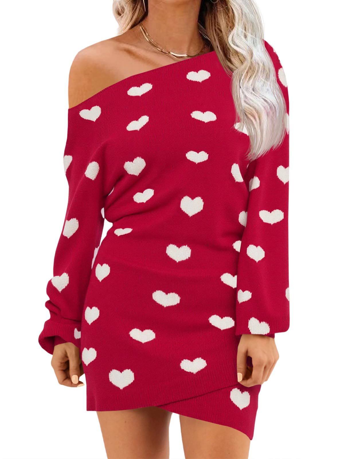 Women's Heart Print Off The Shoulder Sweater Dress(40% OFF!!!)
