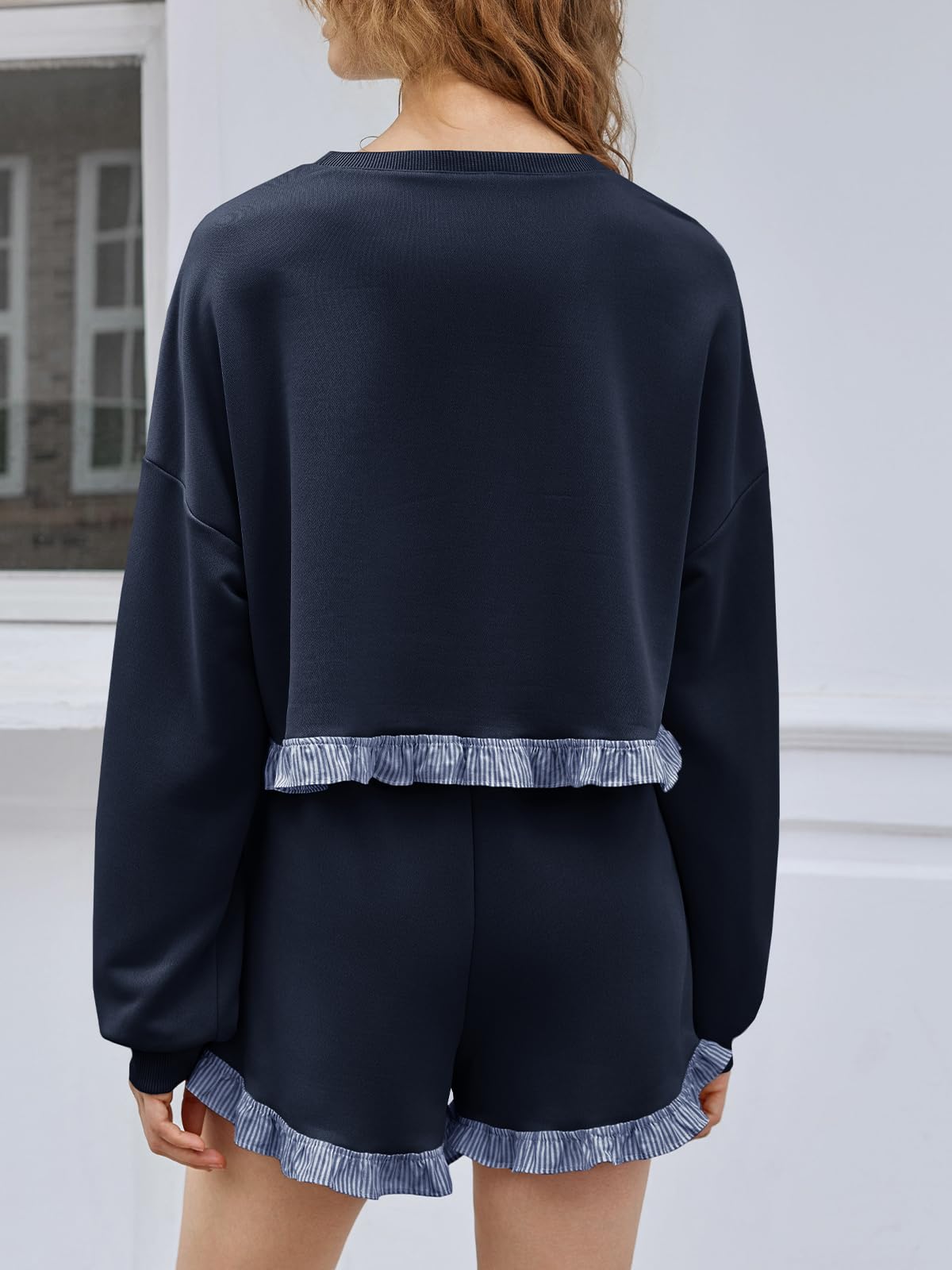 Women's 2 Piece Lounge Sets Color Block Ruffle Cropped Sweatshirts Loose Drawstring Waist Shorts