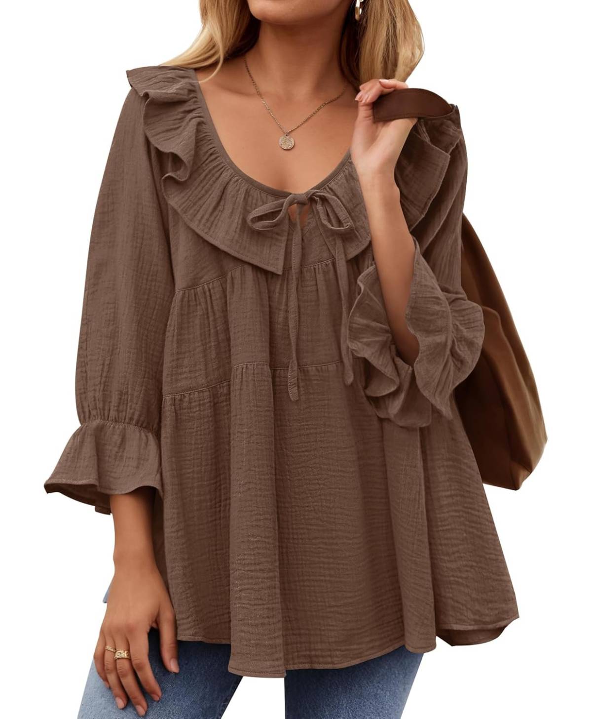 3/4 Sleeve Scoop Neck Tie Front Ruffle Tiered Peplum Loose Blouse Tops