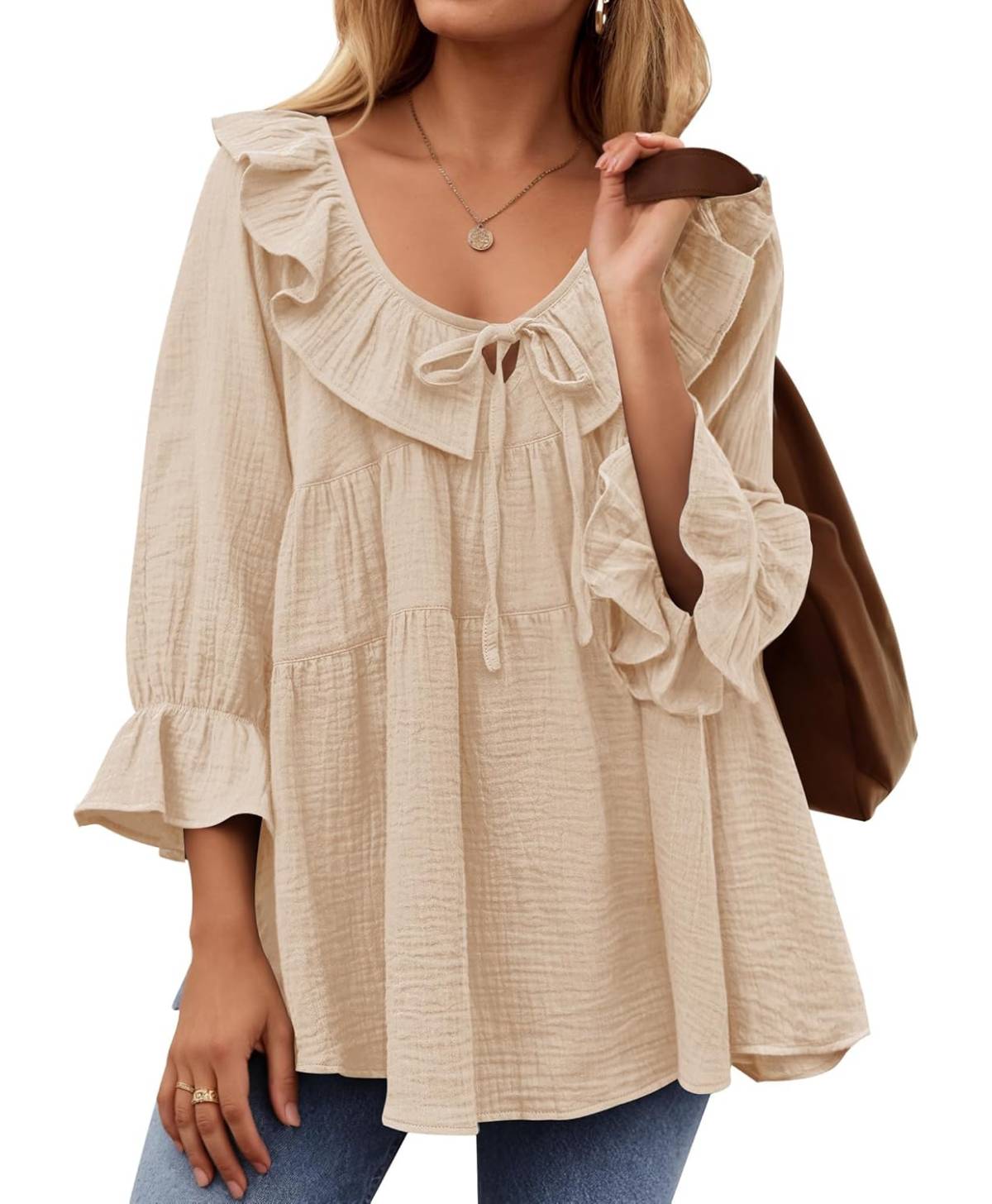 3/4 Sleeve Scoop Neck Tie Front Ruffle Tiered Peplum Loose Blouse Tops