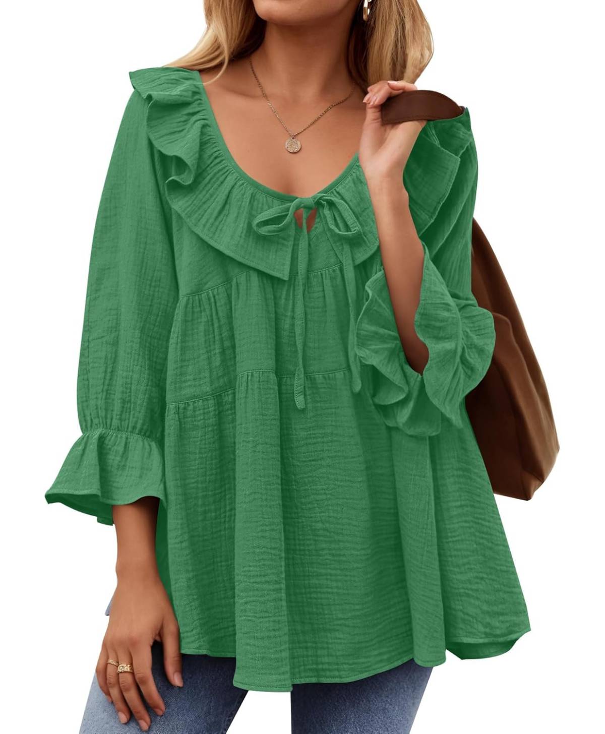 3/4 Sleeve Scoop Neck Tie Front Ruffle Tiered Peplum Loose Blouse Tops