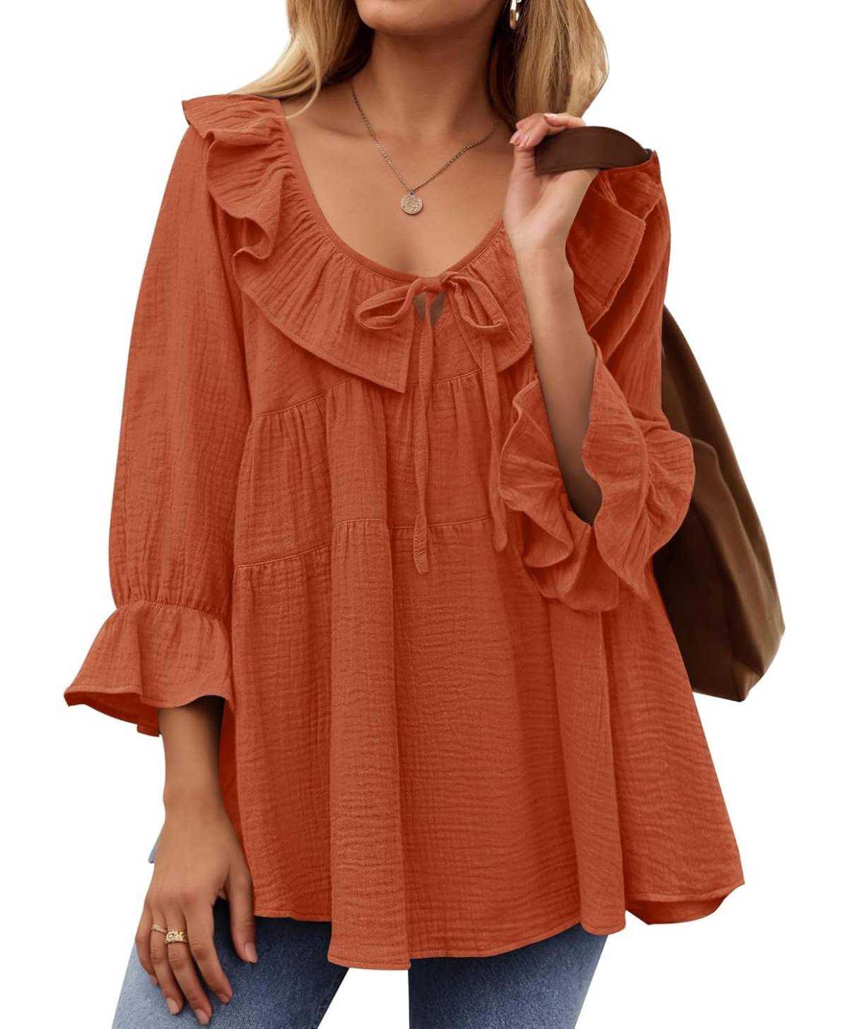 3/4 Sleeve Scoop Neck Tie Front Ruffle Tiered Peplum Loose Blouse Tops