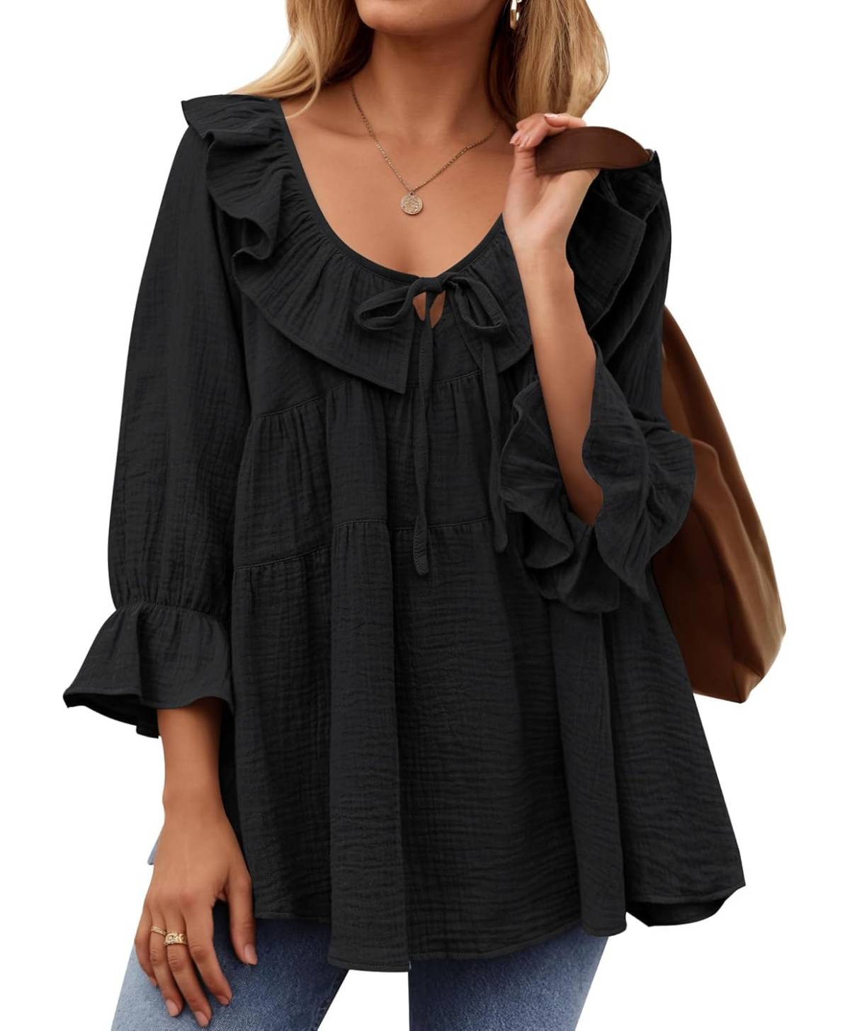 3/4 Sleeve Scoop Neck Tie Front Ruffle Tiered Peplum Loose Blouse Tops