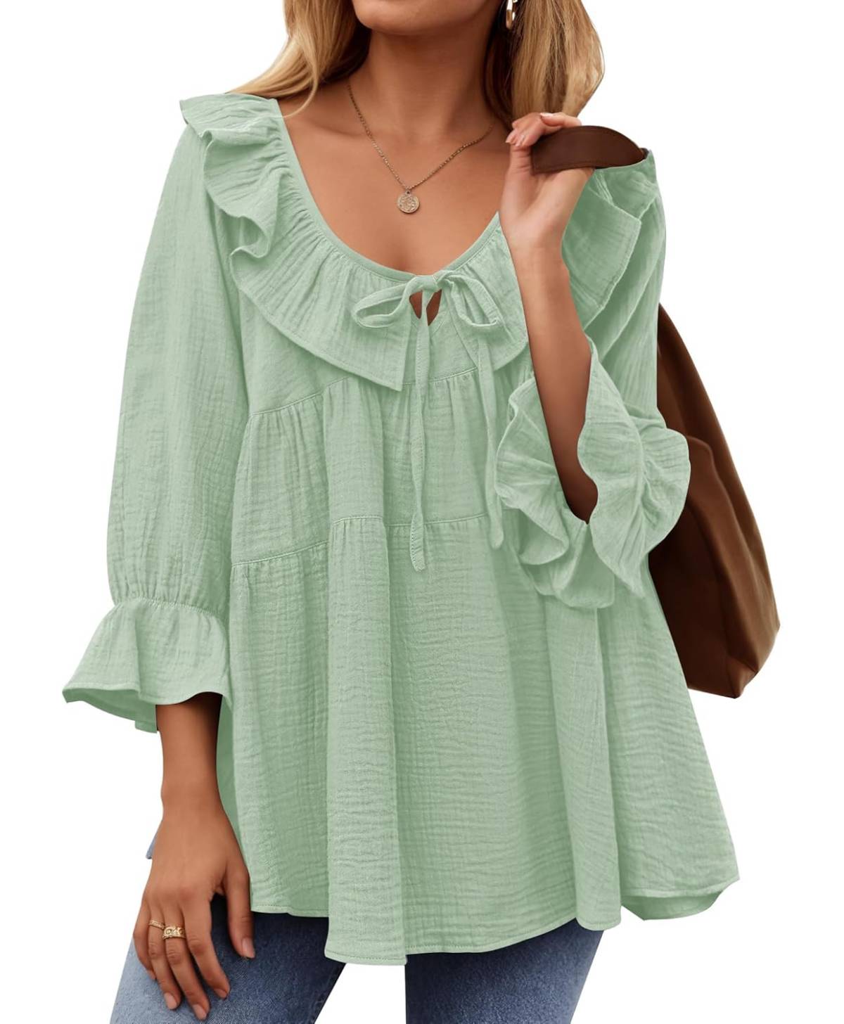3/4 Sleeve Scoop Neck Tie Front Ruffle Tiered Peplum Loose Blouse Tops