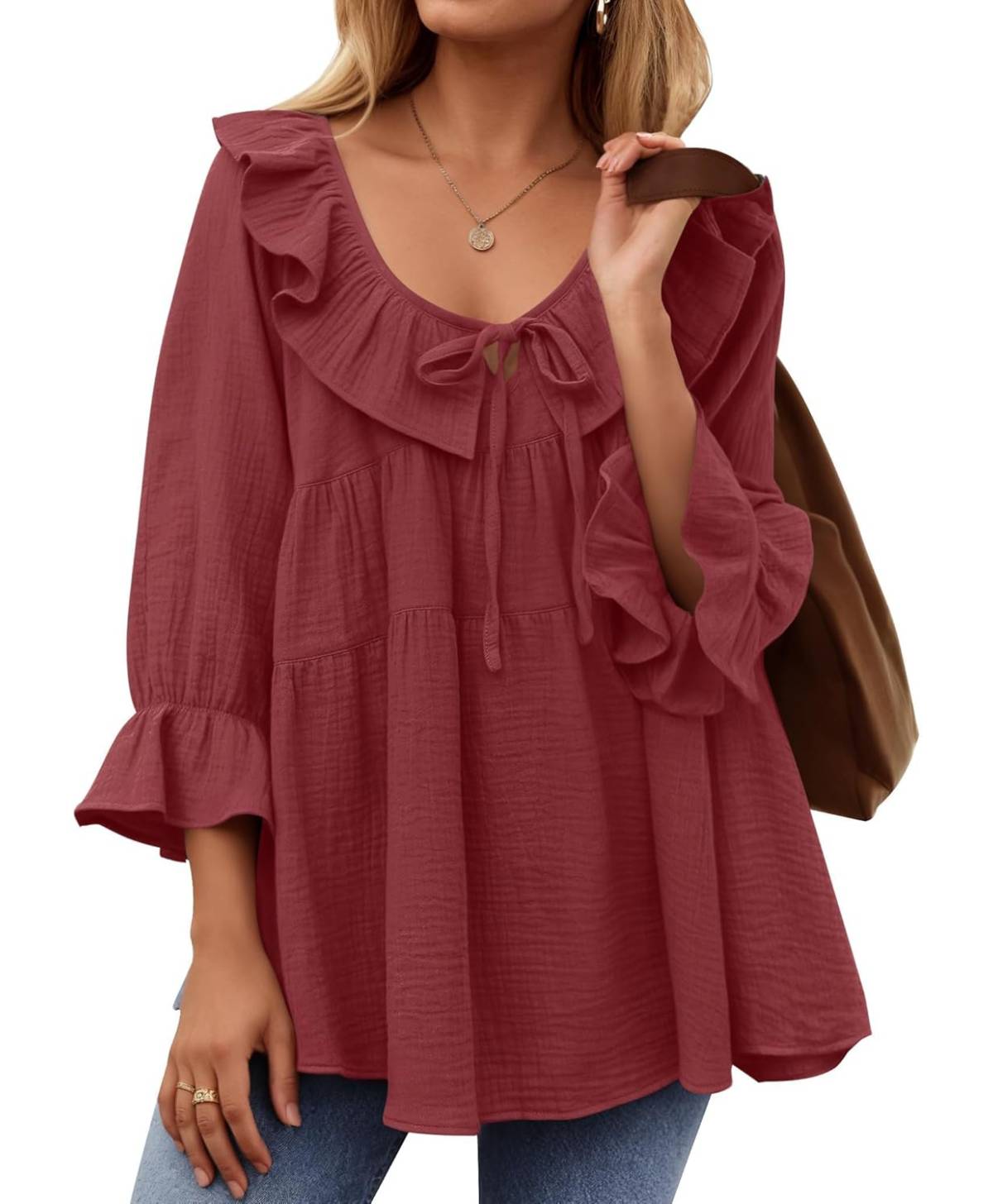 3/4 Sleeve Scoop Neck Tie Front Ruffle Tiered Peplum Loose Blouse Tops