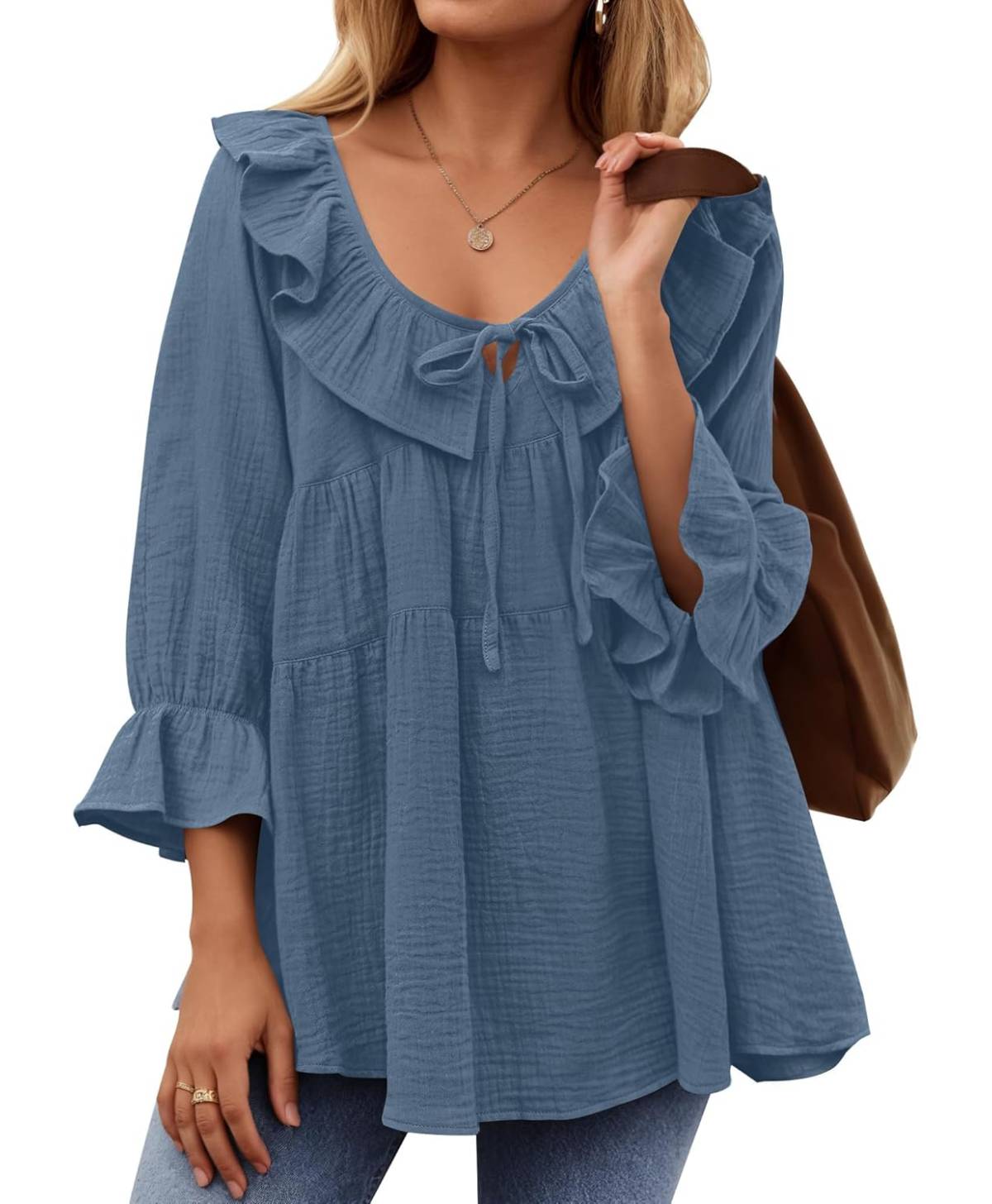 3/4 Sleeve Scoop Neck Tie Front Ruffle Tiered Peplum Loose Blouse Tops