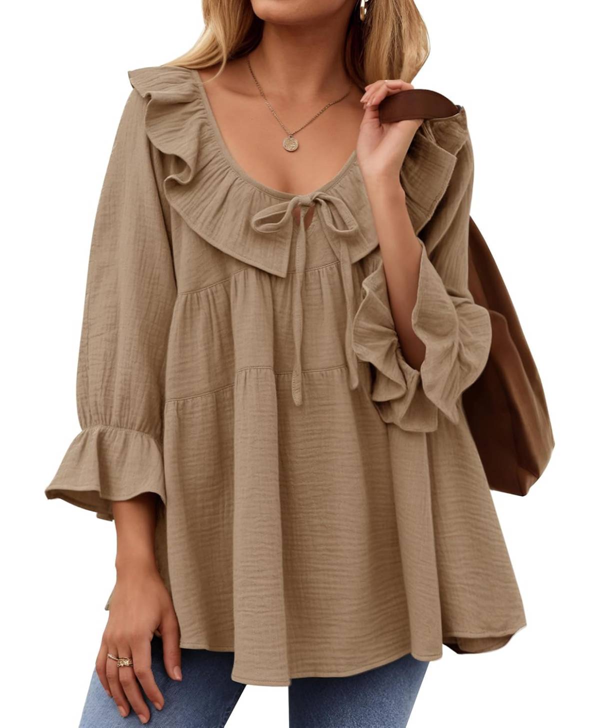 3/4 Sleeve Scoop Neck Tie Front Ruffle Tiered Peplum Loose Blouse Tops