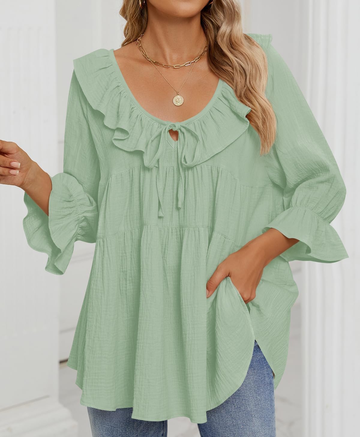 3/4 Sleeve Scoop Neck Tie Front Ruffle Tiered Peplum Loose Blouse Tops