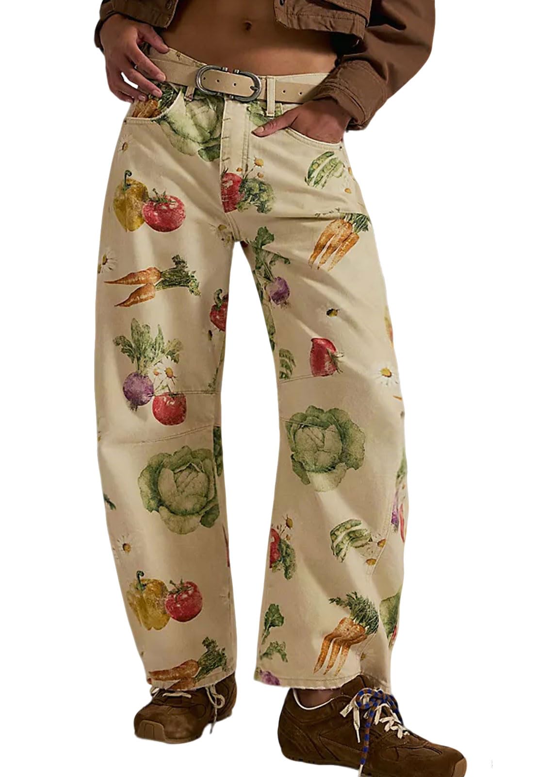 Women Boyfriend Baggy Barrel Jeans Floral Print Denim Ankle Pants Wide Leg Mid Rise Jeans