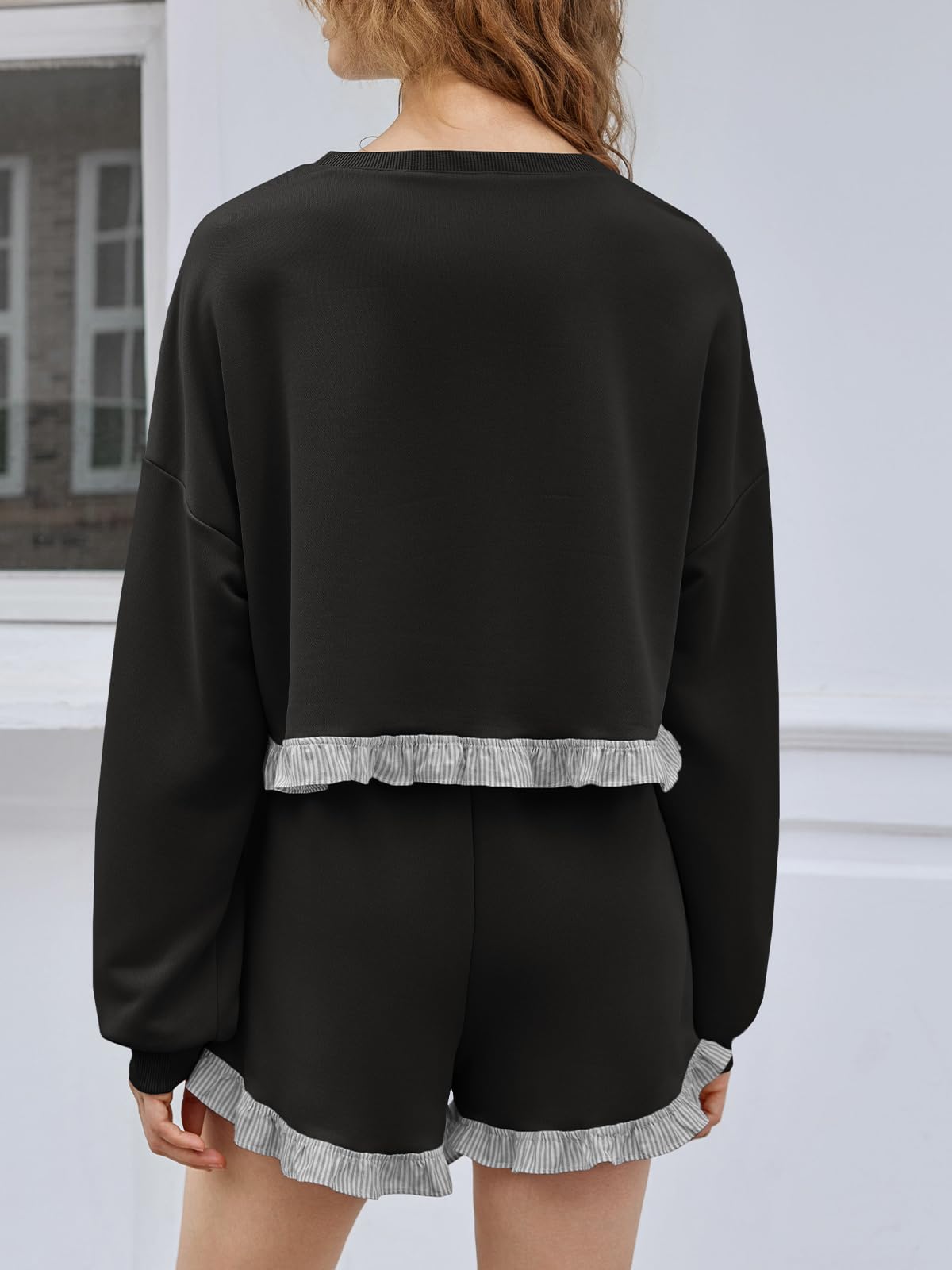 Women's 2 Piece Lounge Sets Color Block Ruffle Cropped Sweatshirts Loose Drawstring Waist Shorts