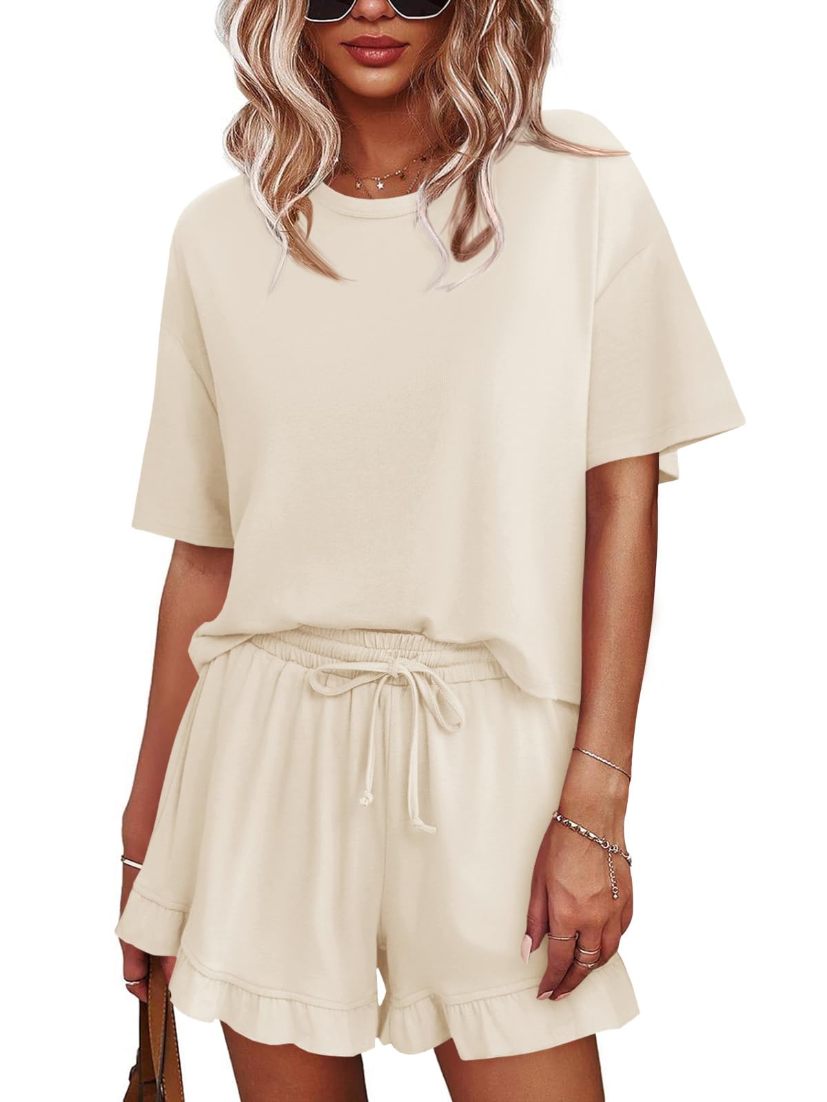 Womens Pajamas Set Lounge Sets Cropped Short Sleeve T Shirts Drawstring Ruffle Shorts