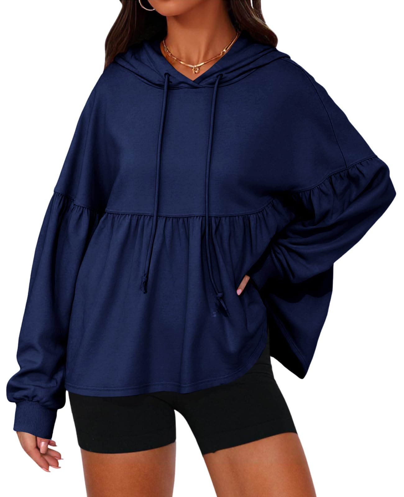 Womens Oversized Lantern Long Sleeve Drawstring Peplum Hem Hooded Pullover Tops(50% off!!!)