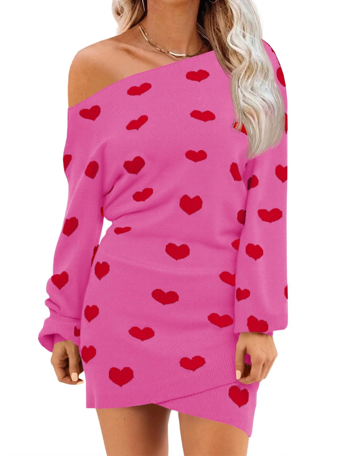 Women's Heart Print Off The Shoulder Sweater Dress(40% OFF!!!)