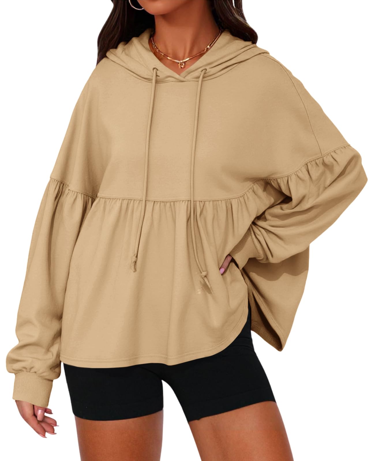 Womens Oversized Lantern Long Sleeve Drawstring Peplum Hem Hooded Pullover Tops(50% off!!!)