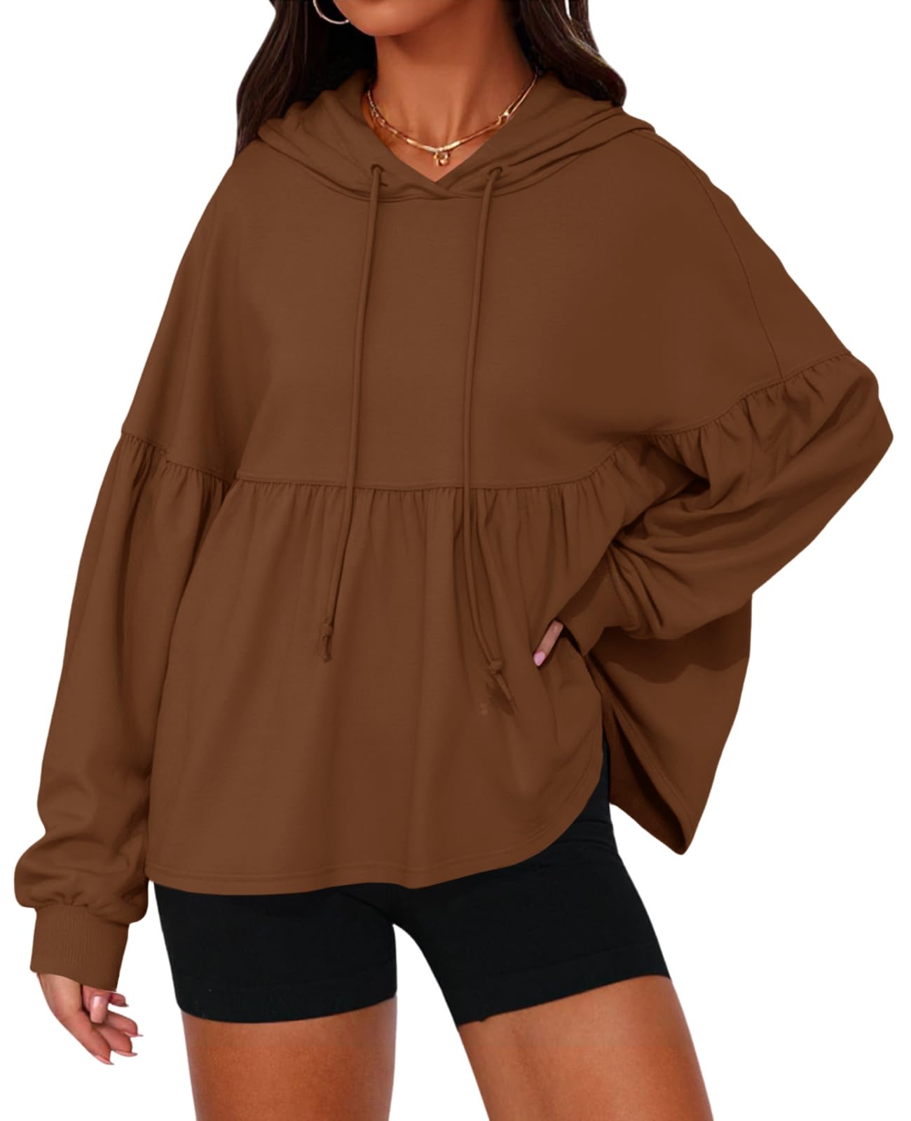 Womens Oversized Lantern Long Sleeve Drawstring Peplum Hem Hooded Pullover Tops(50% off!!!)