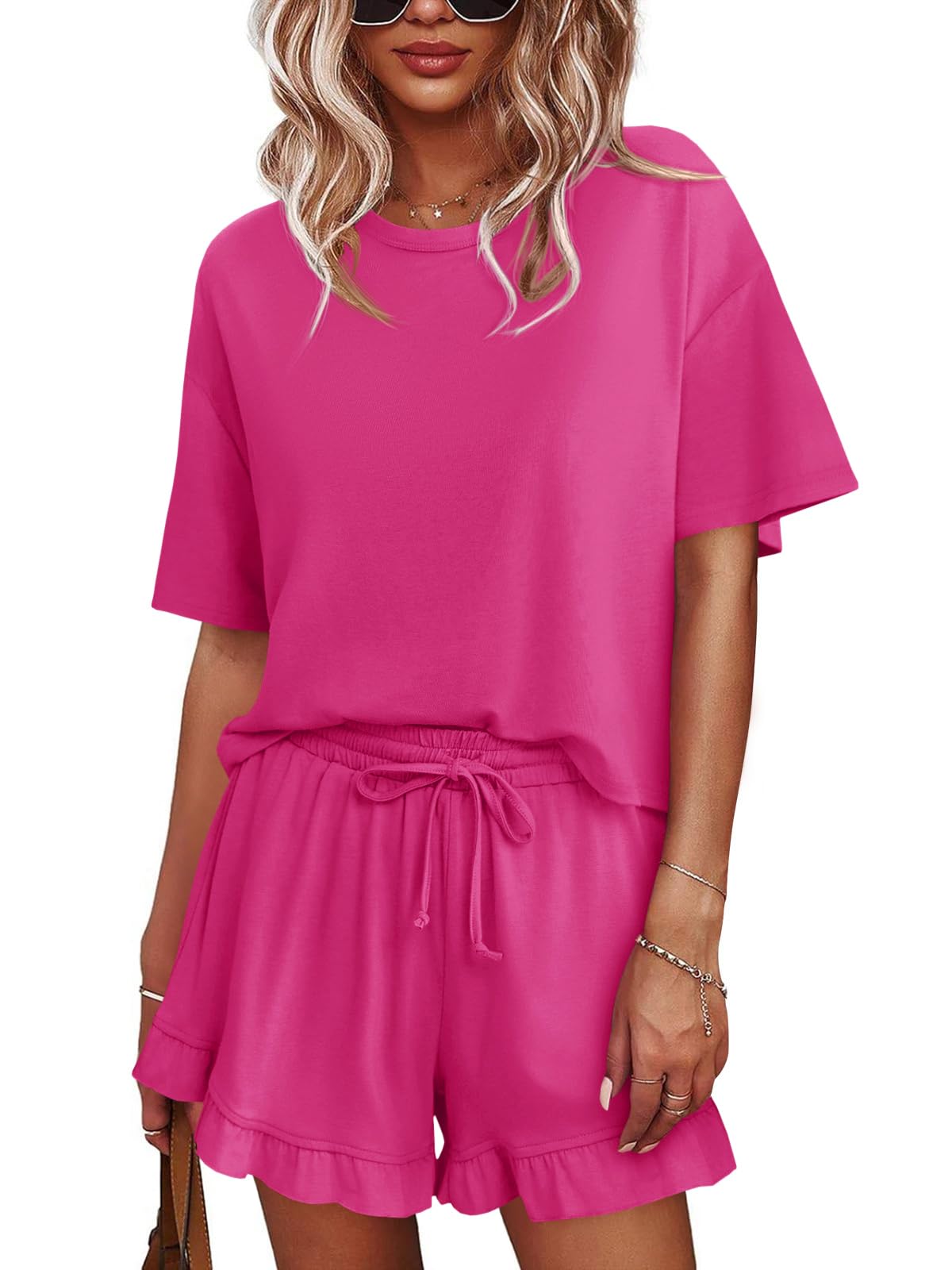 Womens Pajamas Set Lounge Sets Cropped Short Sleeve T Shirts Drawstring Ruffle Shorts