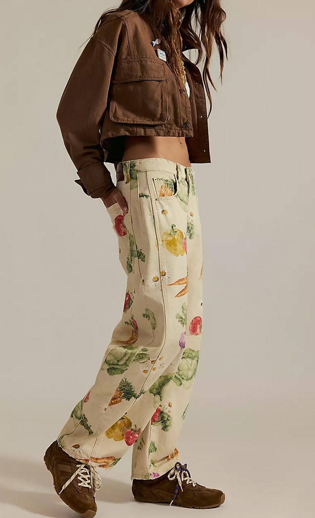 Women Boyfriend Baggy Barrel Jeans Floral Print Denim Ankle Pants Wide Leg Mid Rise Jeans