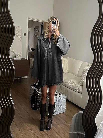 Women's 1/4 Zip Up Short Jean Dresses with Pockets