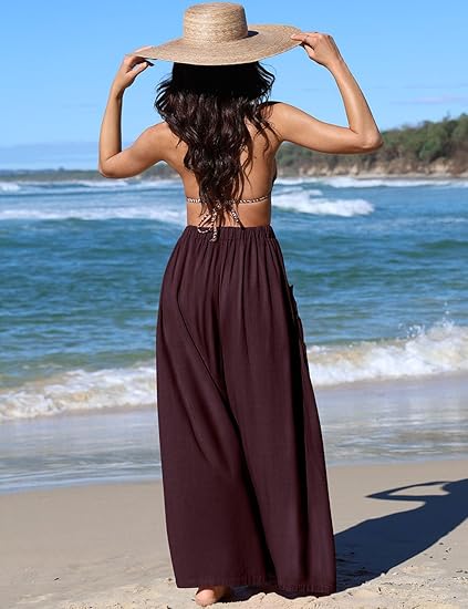 Women Linen Wide Leg Drawstring Palazzo Pants