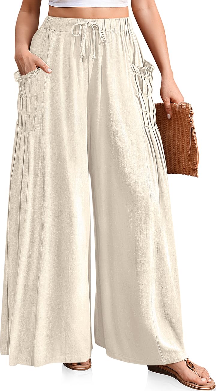 Women Linen Wide Leg Drawstring Palazzo Pants