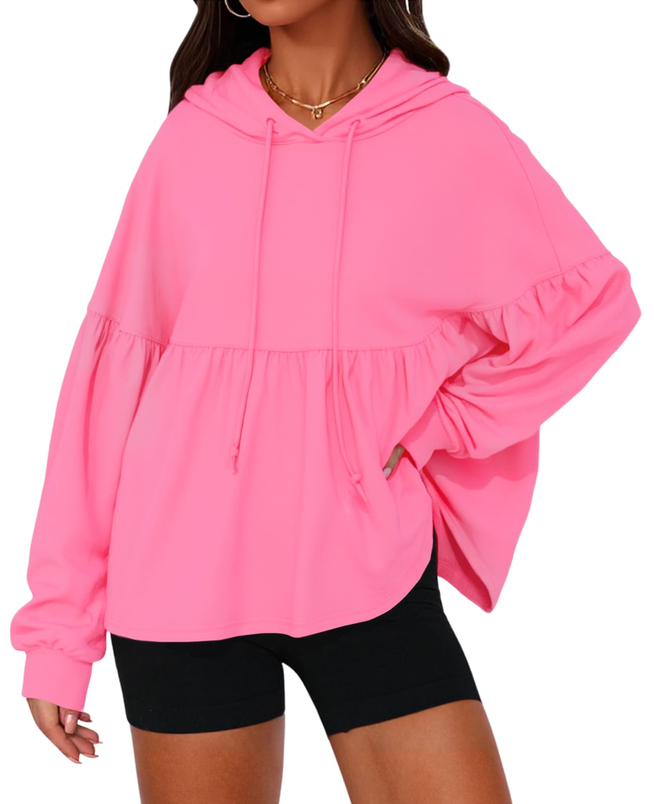 Womens Oversized Lantern Long Sleeve Drawstring Peplum Hem Hooded Pullover Tops(50% off!!!)