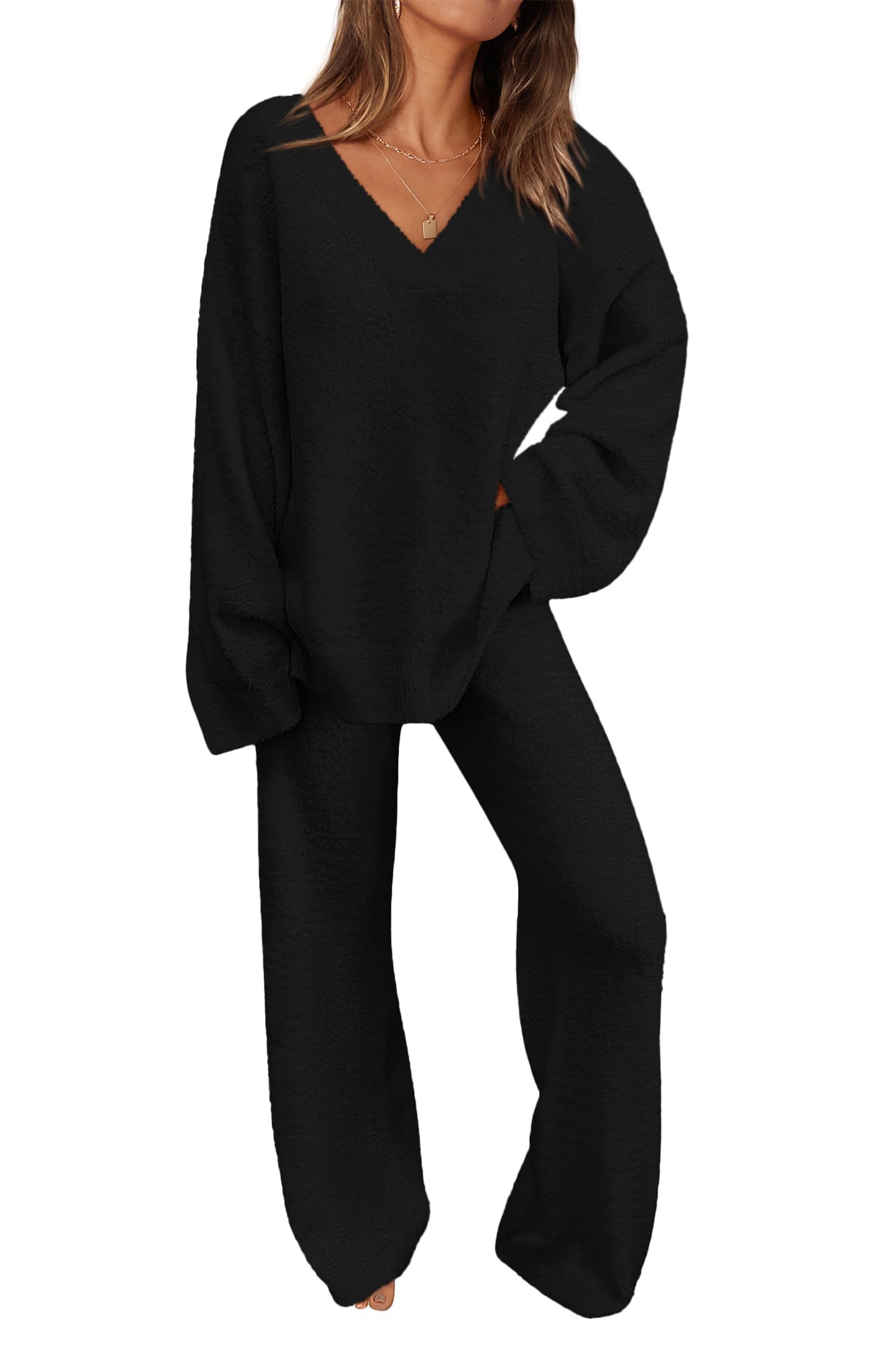 Women's 2 Piece Oversized V Neck Pullover Sweater Fuzzy Lounge Set (Buy 2 Free Shipping)