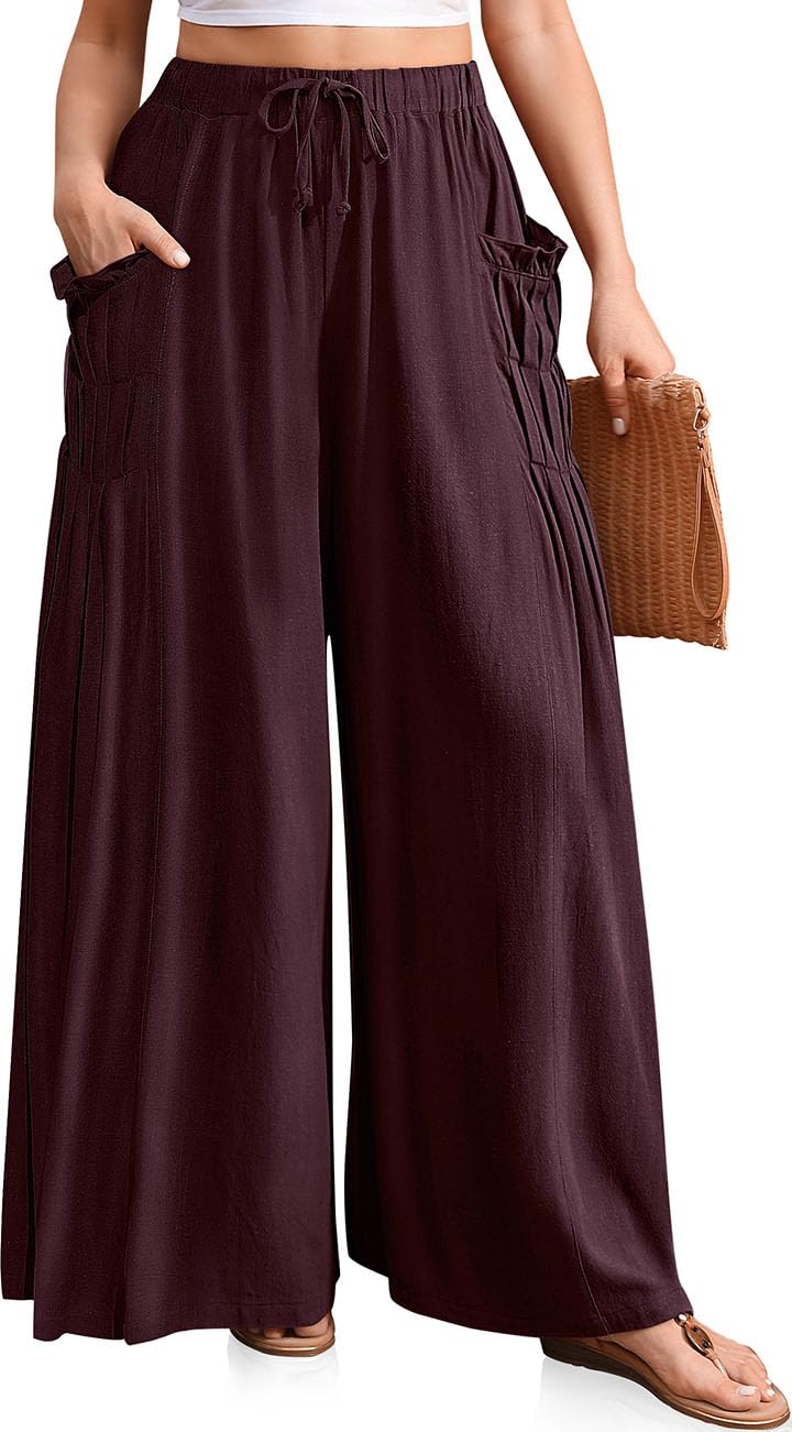 Women Linen Wide Leg Drawstring Palazzo Pants
