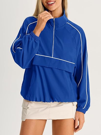 Women Quarter Zip Lightweight Pullover Windbreaker Jacket Oversized Sweatshirt