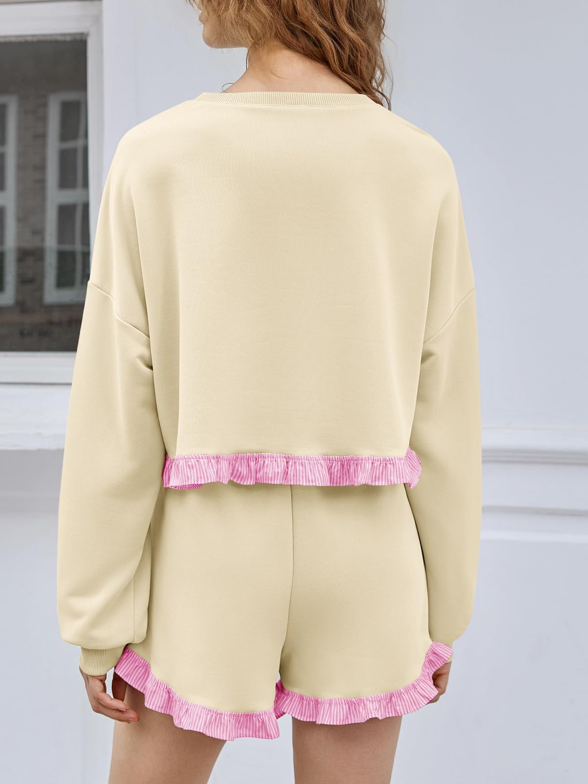 Women's 2 Piece Lounge Sets Color Block Ruffle Cropped Sweatshirts Loose Drawstring Waist Shorts