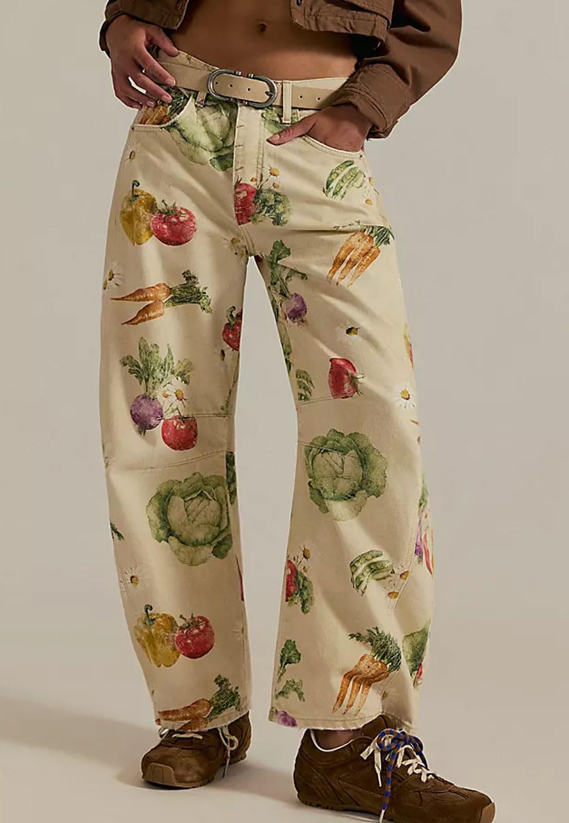 Women Boyfriend Baggy Barrel Jeans Floral Print Denim Ankle Pants Wide Leg Mid Rise Jeans