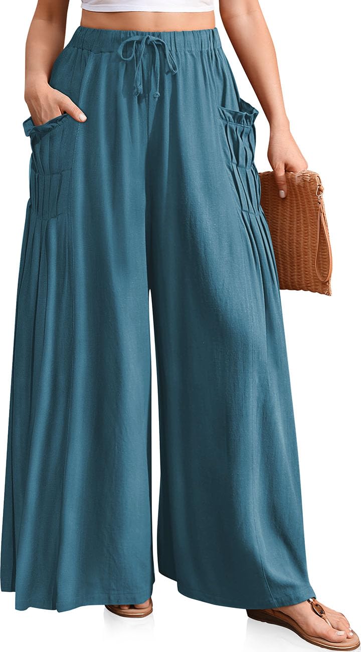 Women Linen Wide Leg Drawstring Palazzo Pants
