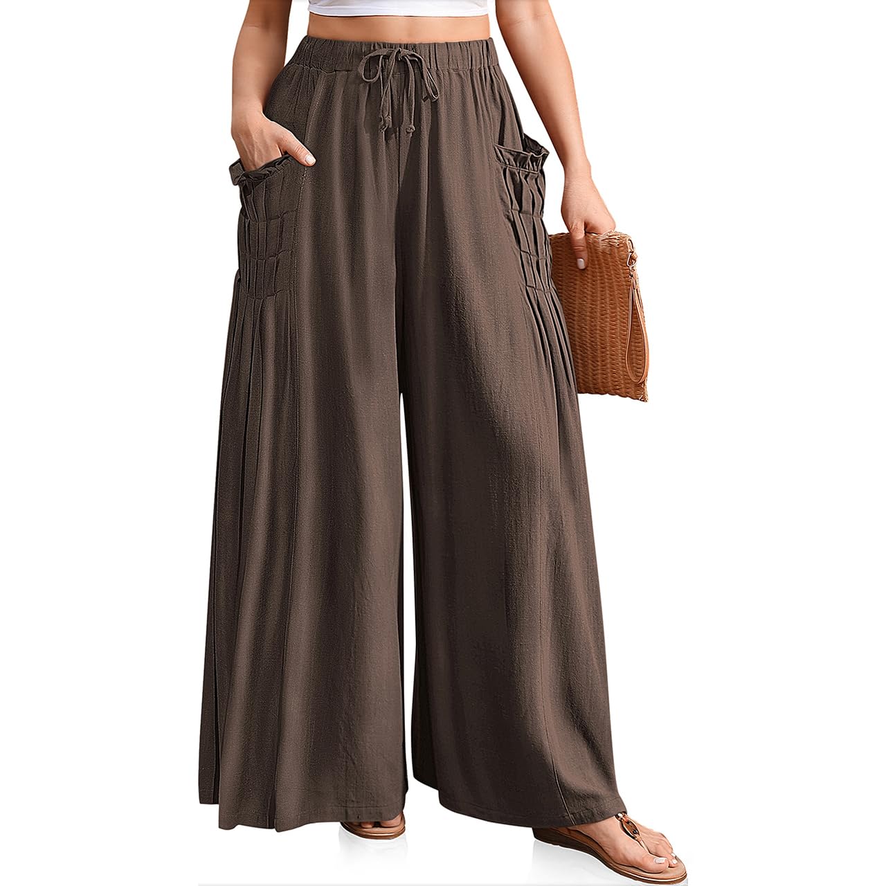 Women Linen Wide Leg Drawstring Palazzo Pants