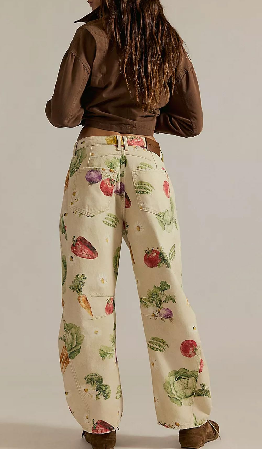 Women Boyfriend Baggy Barrel Jeans Floral Print Denim Ankle Pants Wide Leg Mid Rise Jeans